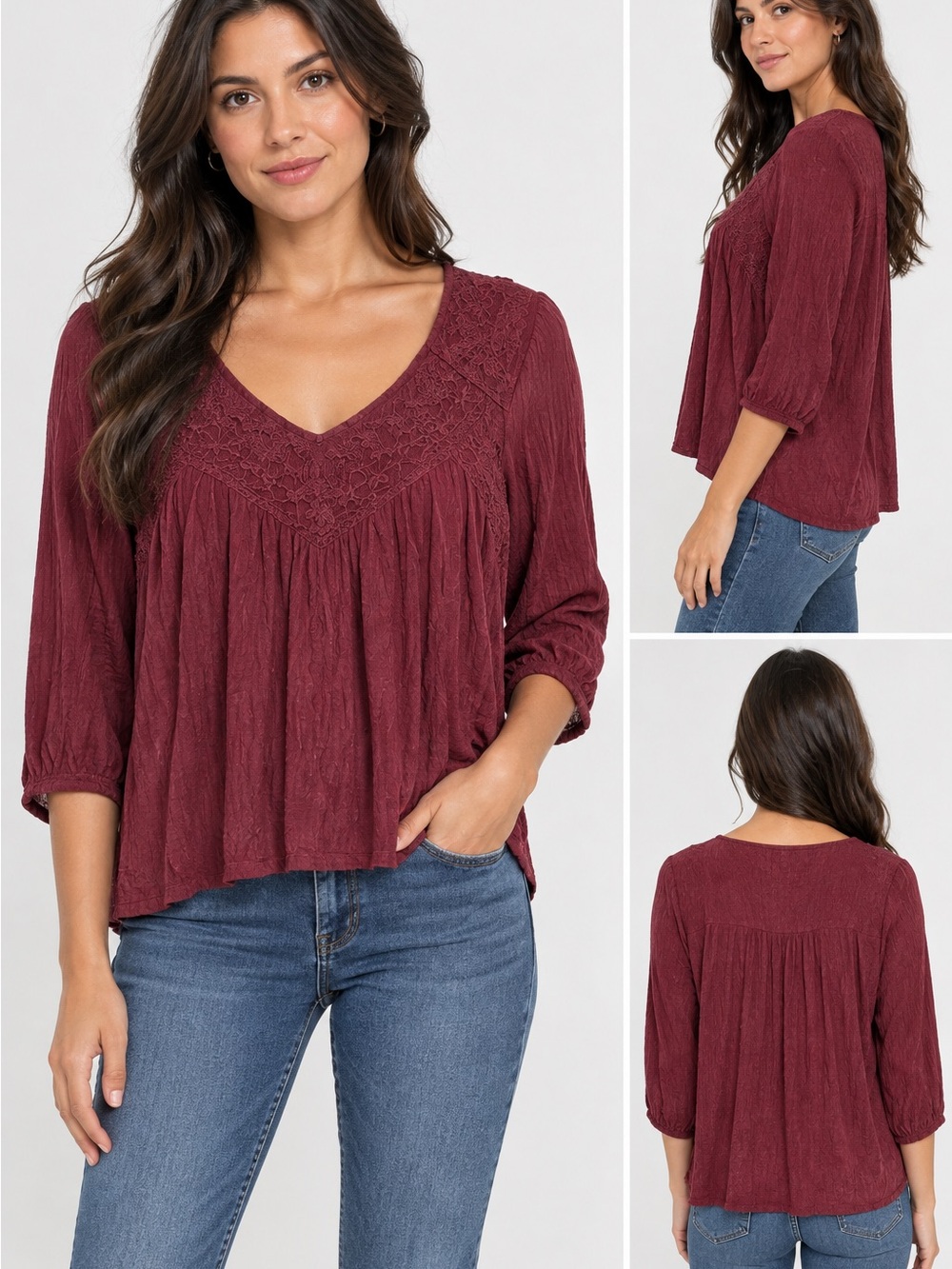 Eyeshadow Women's Long Sleeve Lace Yoke Top - Wine